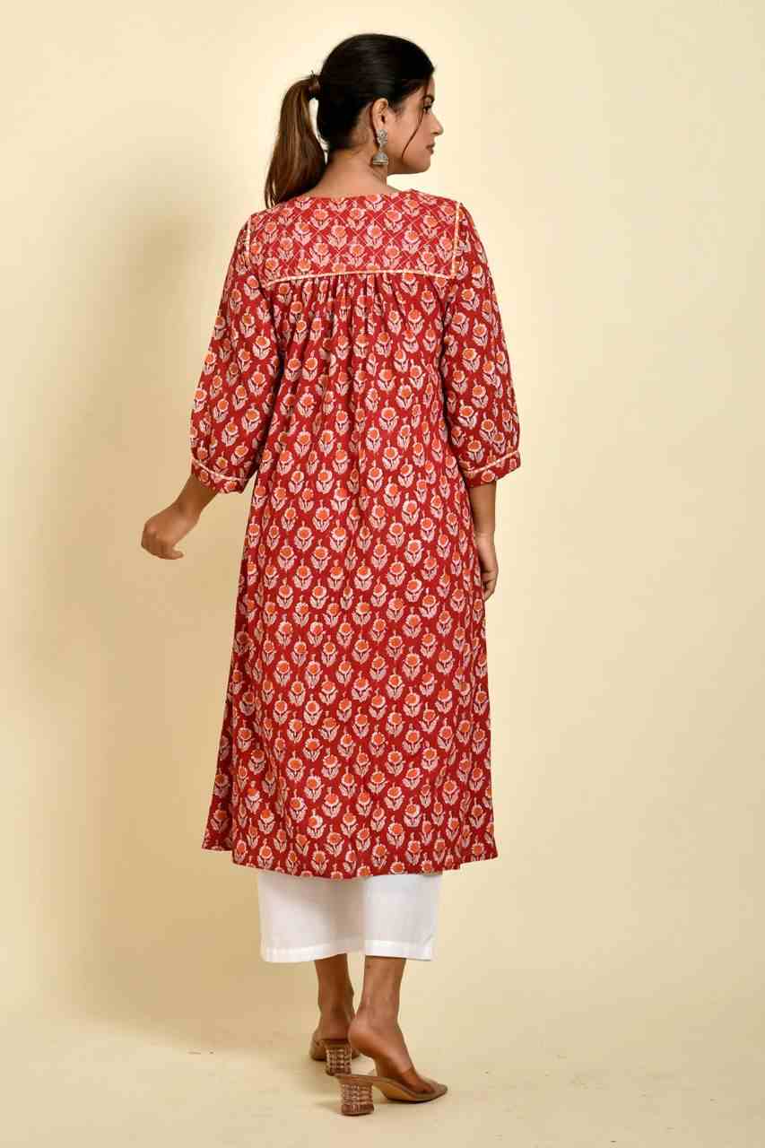Naksh Red And Orange Butti Printed Gathered Kurta