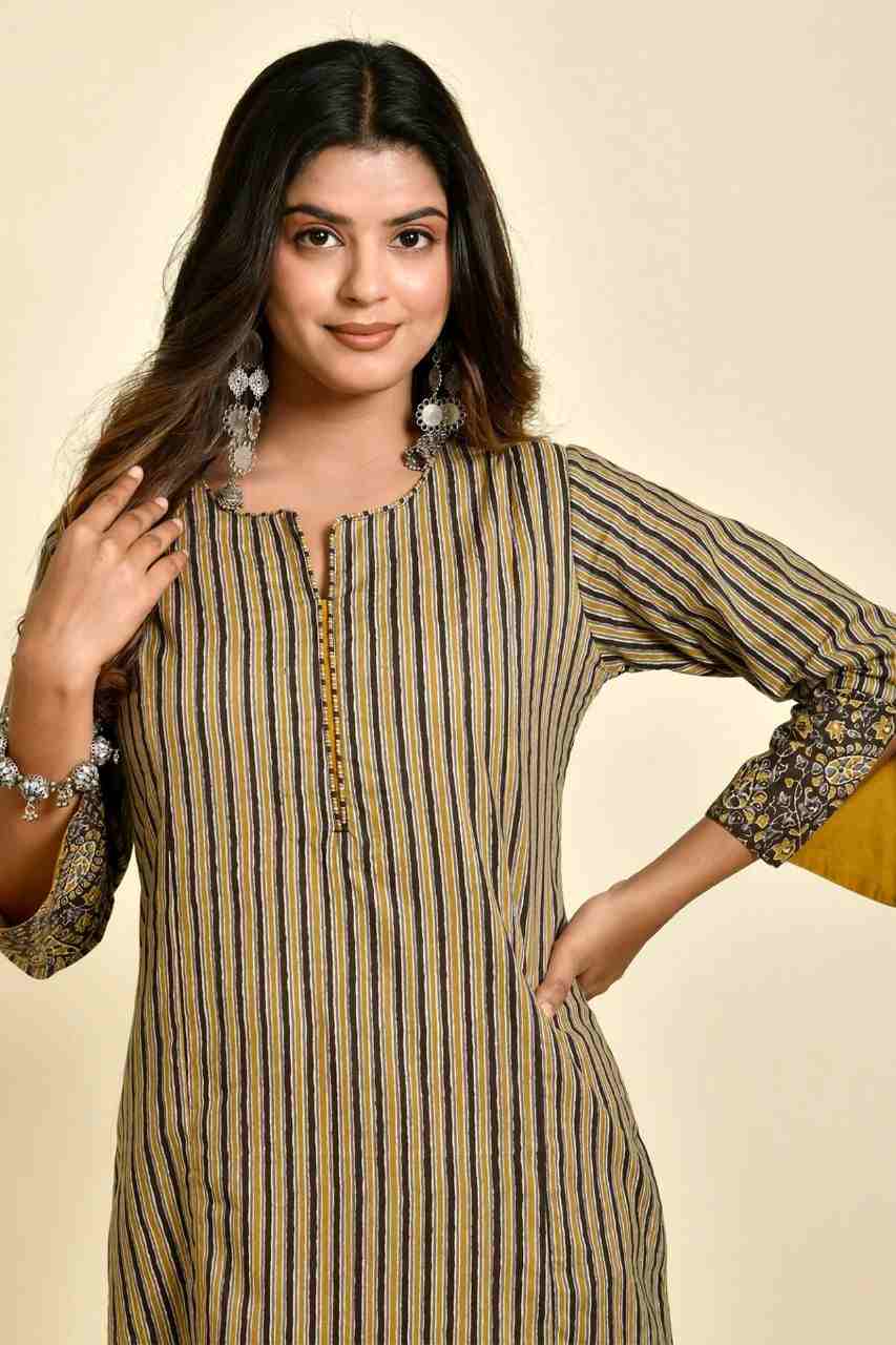 Naksh Brown and Yellow Ajrakh Striped Print Kurta and Yellow Pants (Set of 2)