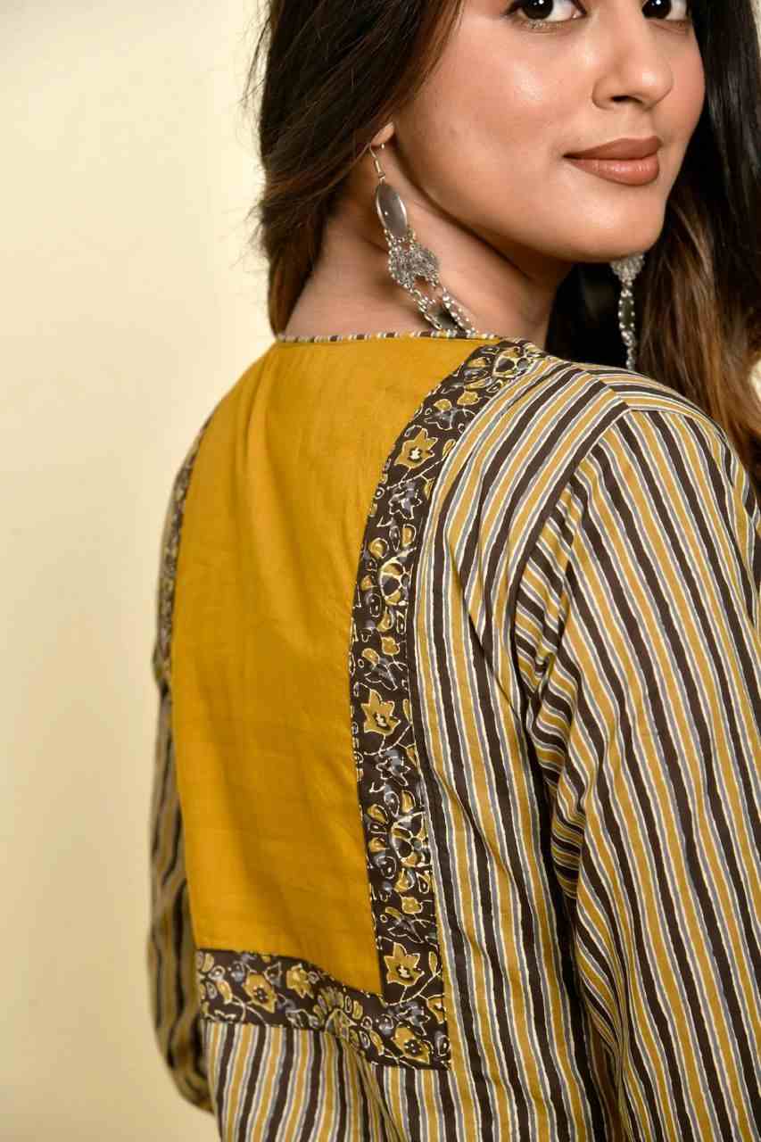 Naksh Brown and Yellow Ajrakh Striped Print Kurta and Yellow Pants (Set of 2)