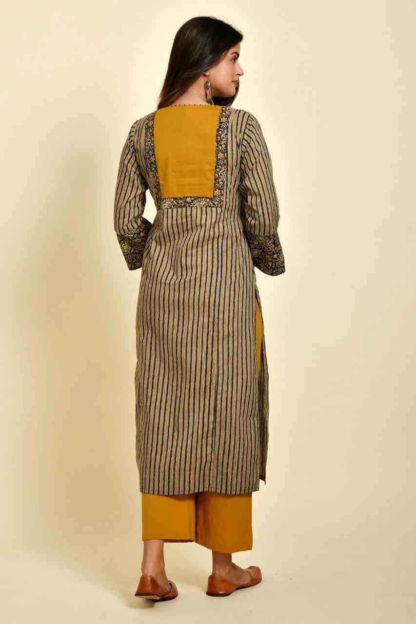 Naksh Brown and Yellow Ajrakh Striped Print Kurta and Yellow Pants (Set of 2)
