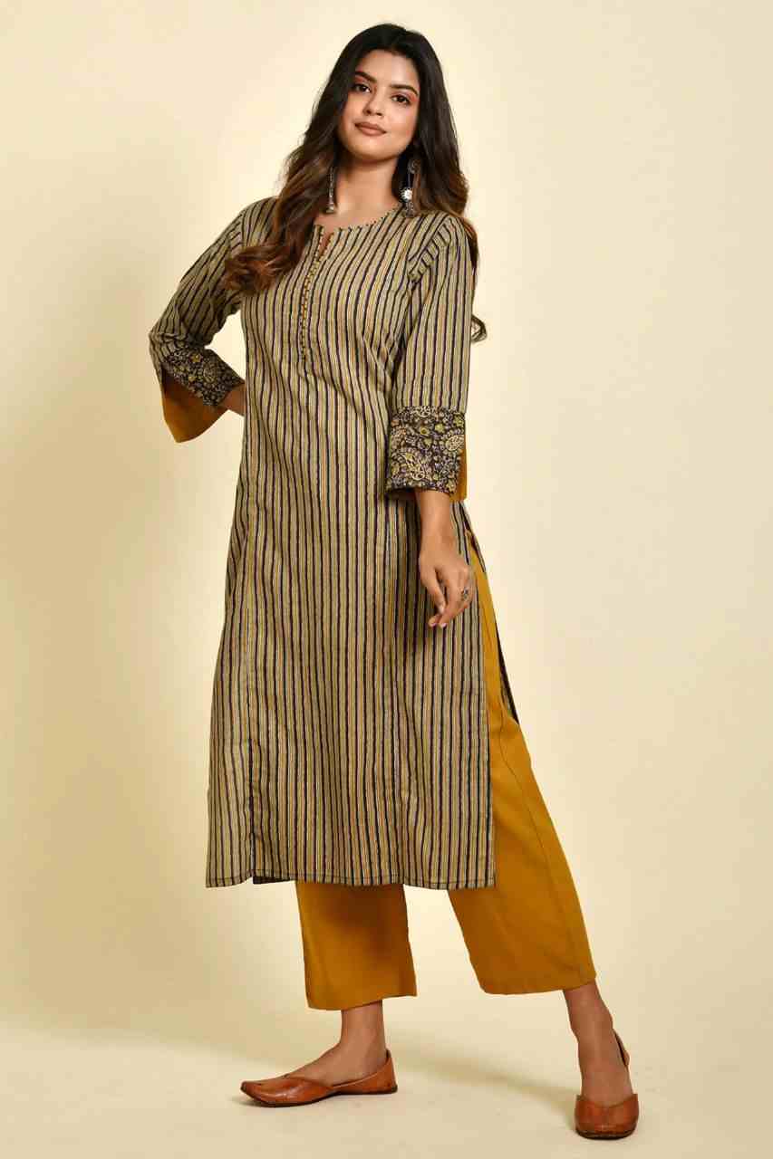 Naksh Brown and Yellow Ajrakh Striped Print Kurta and Yellow Pants (Set of 2)
