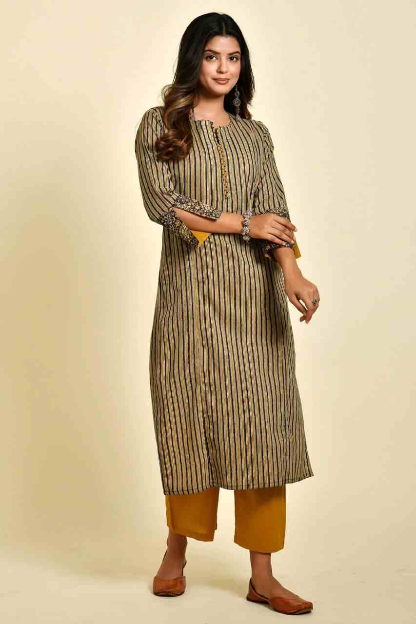 Naksh Brown and Yellow Ajrakh Striped Print Kurta and Yellow Pants (Set of 2)
