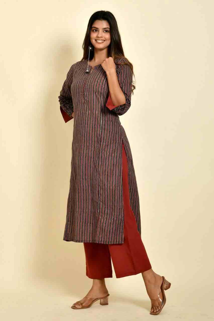 Naksh Black and Maroon Ajrakh Striped Print Kurta and Maroon Pants (Set of 2)