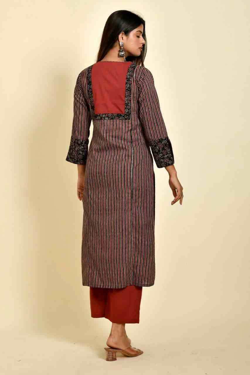 Naksh Black and Maroon Ajrakh Striped Print Kurta and Maroon Pants (Set of 2)