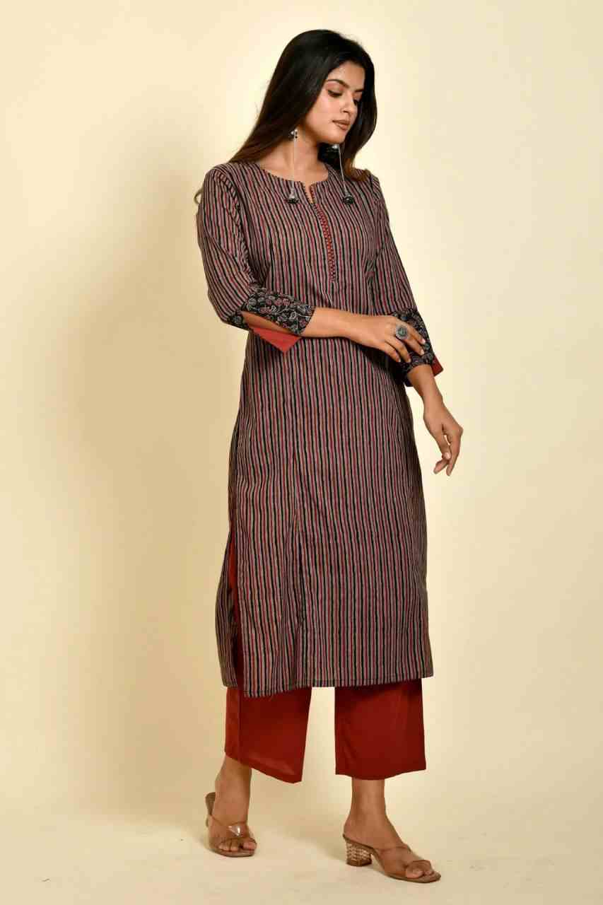 Naksh Black and Maroon Ajrakh Striped Print Kurta and Maroon Pants (Set of 2)