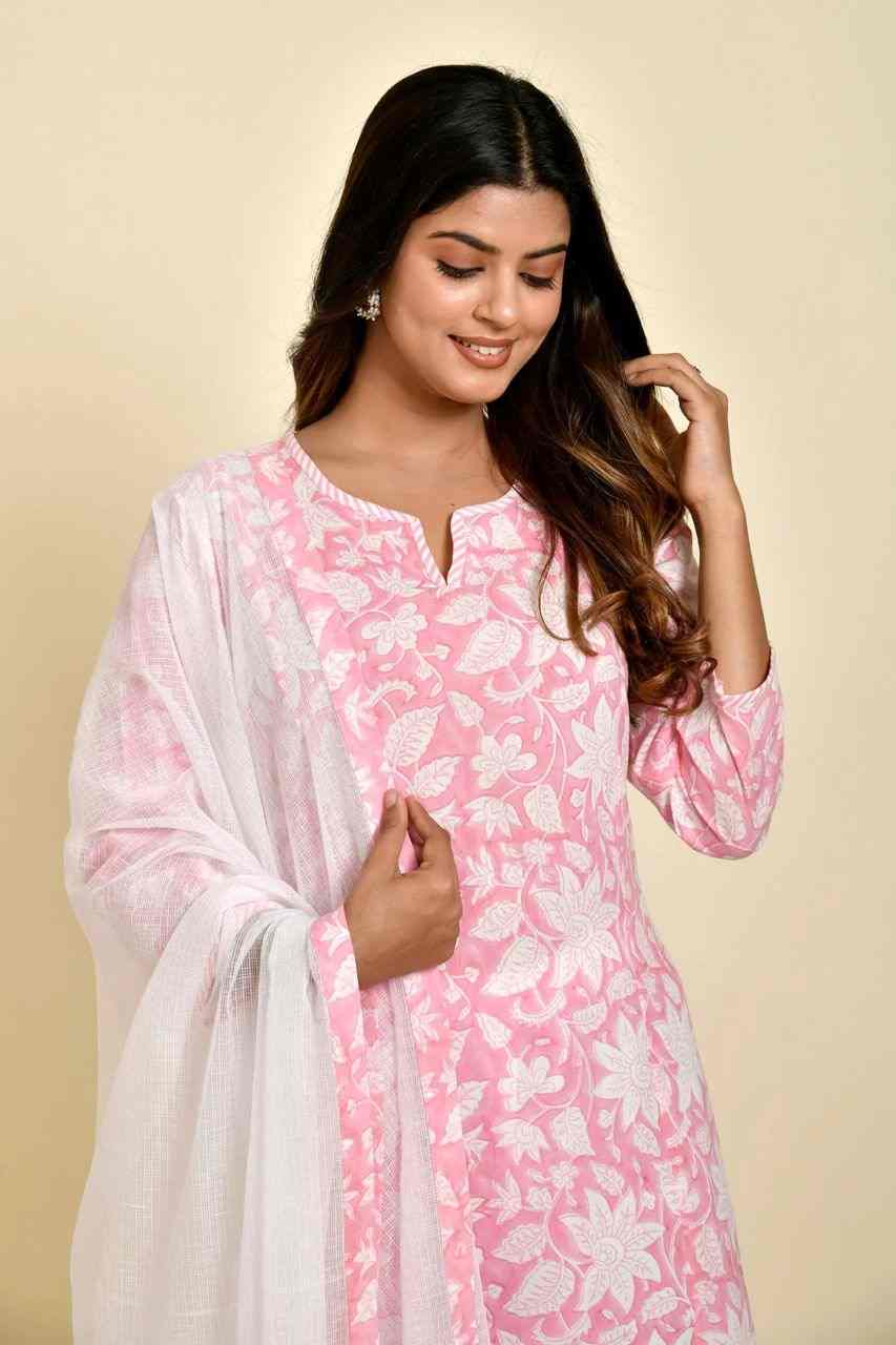 Naksh Pink and White Floral Jaal Printed Straight Kurta with Kota Dupatta (Set of 2)