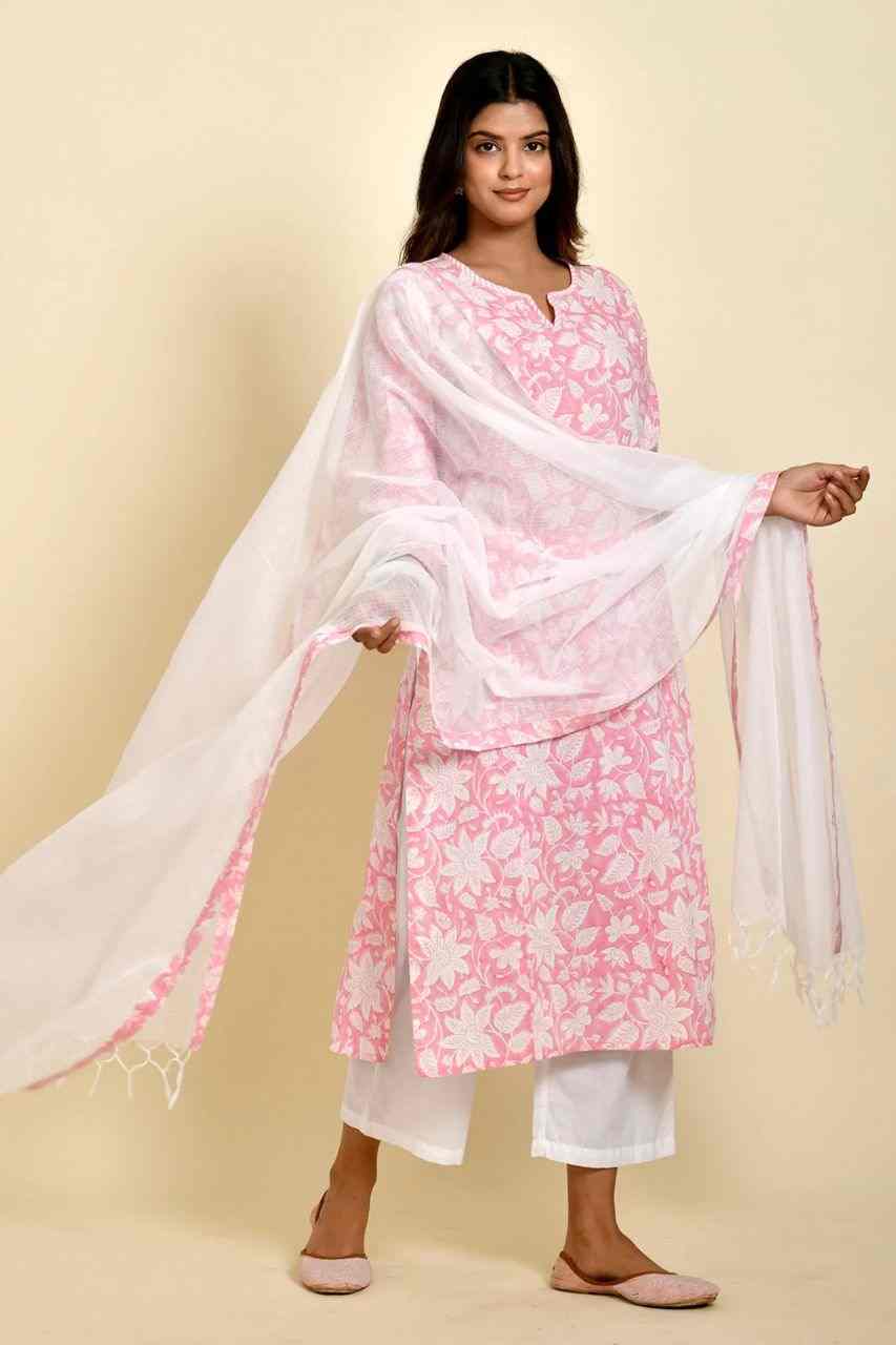 Naksh Pink and White Floral Jaal Printed Straight Kurta with Kota Dupatta (Set of 2)