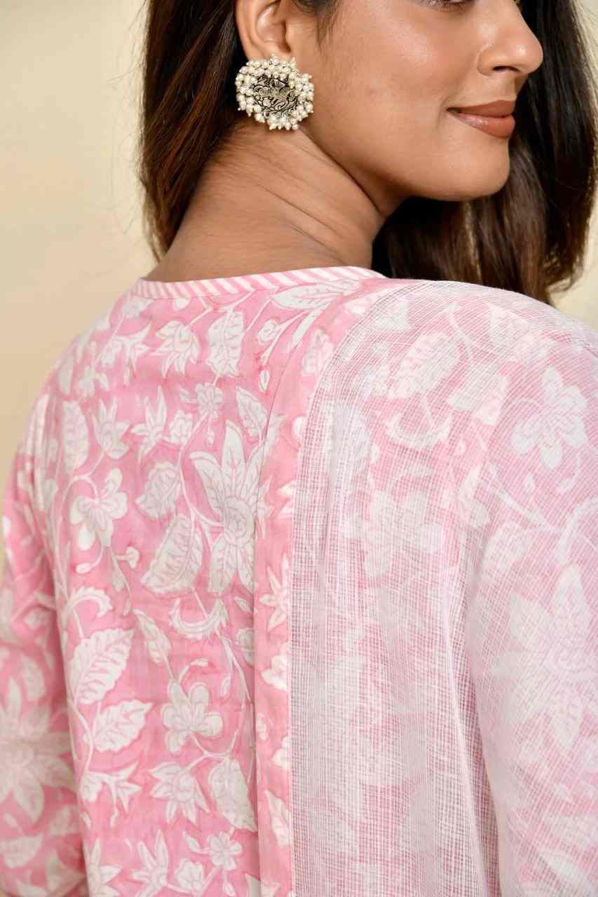 Naksh Pink and White Floral Jaal Printed Straight Kurta with Kota Dupatta (Set of 2)