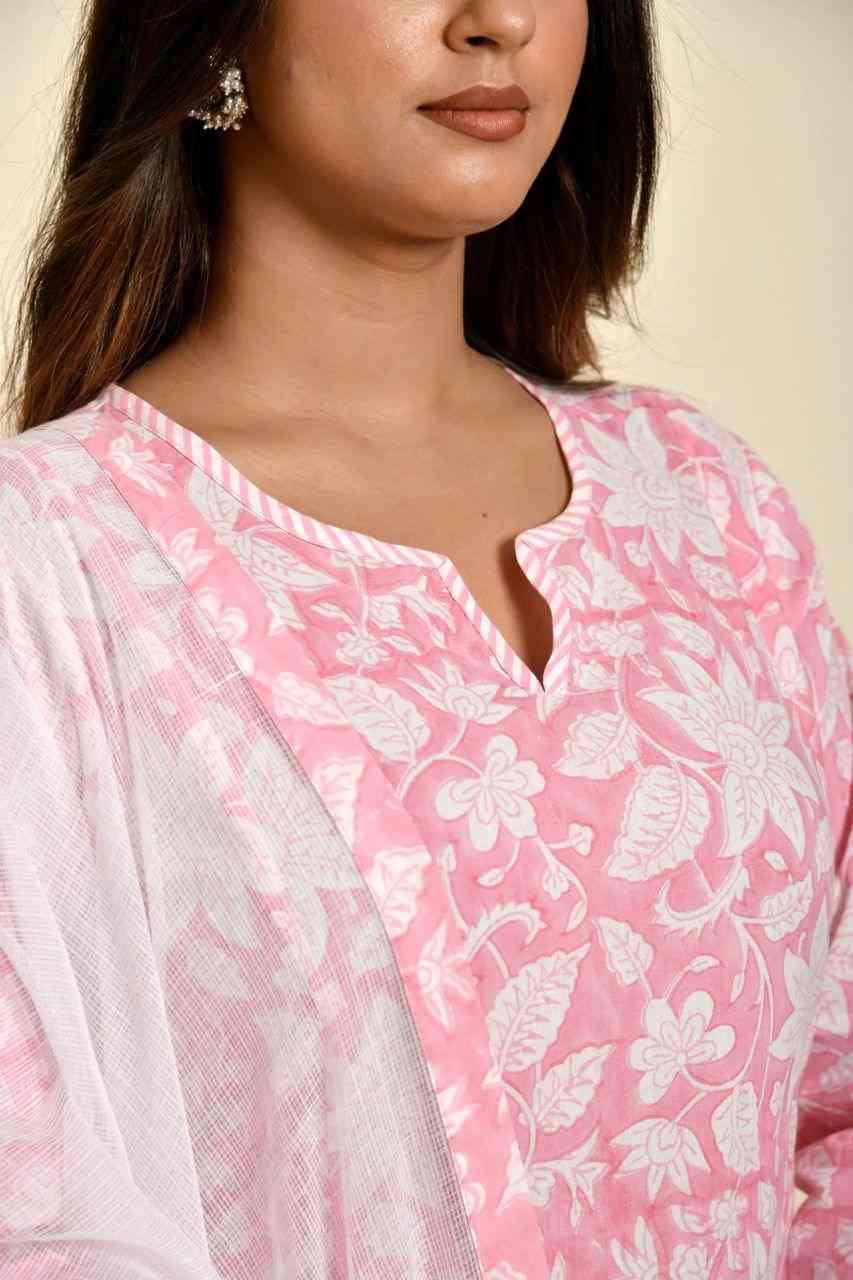 Naksh Pink and White Floral Jaal Printed Straight Kurta with Kota Dupatta (Set of 2)