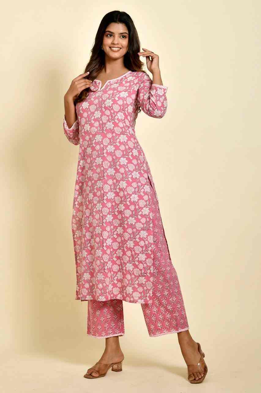 Naksh Onion Pink Floral Print Kurta With Small Butti Printed Pants (Set of 2)