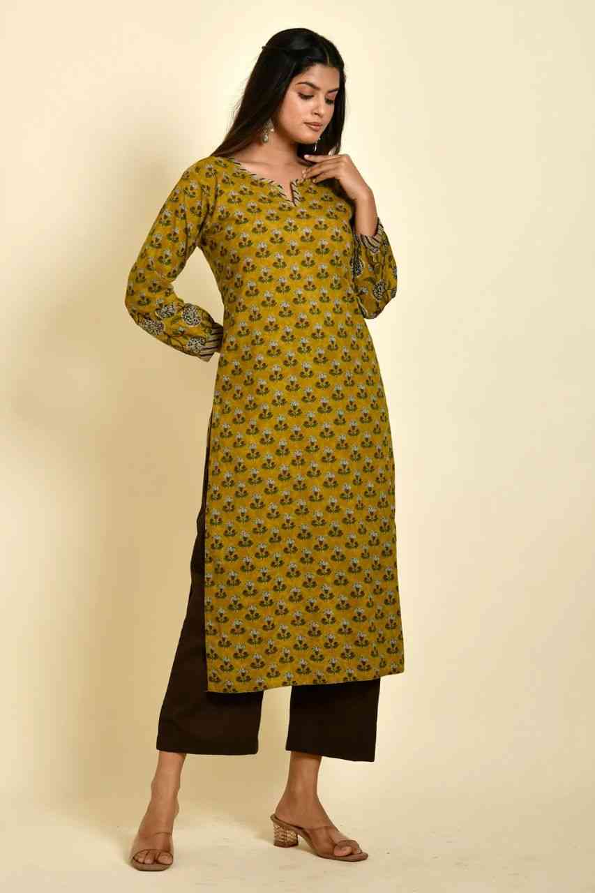 Naksh Dusty Yellow Butti Print Straight Kurta
