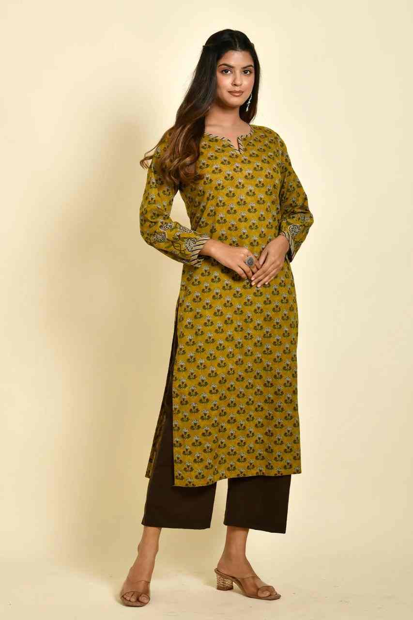 Naksh Dusty Yellow Butti Print Straight Kurta