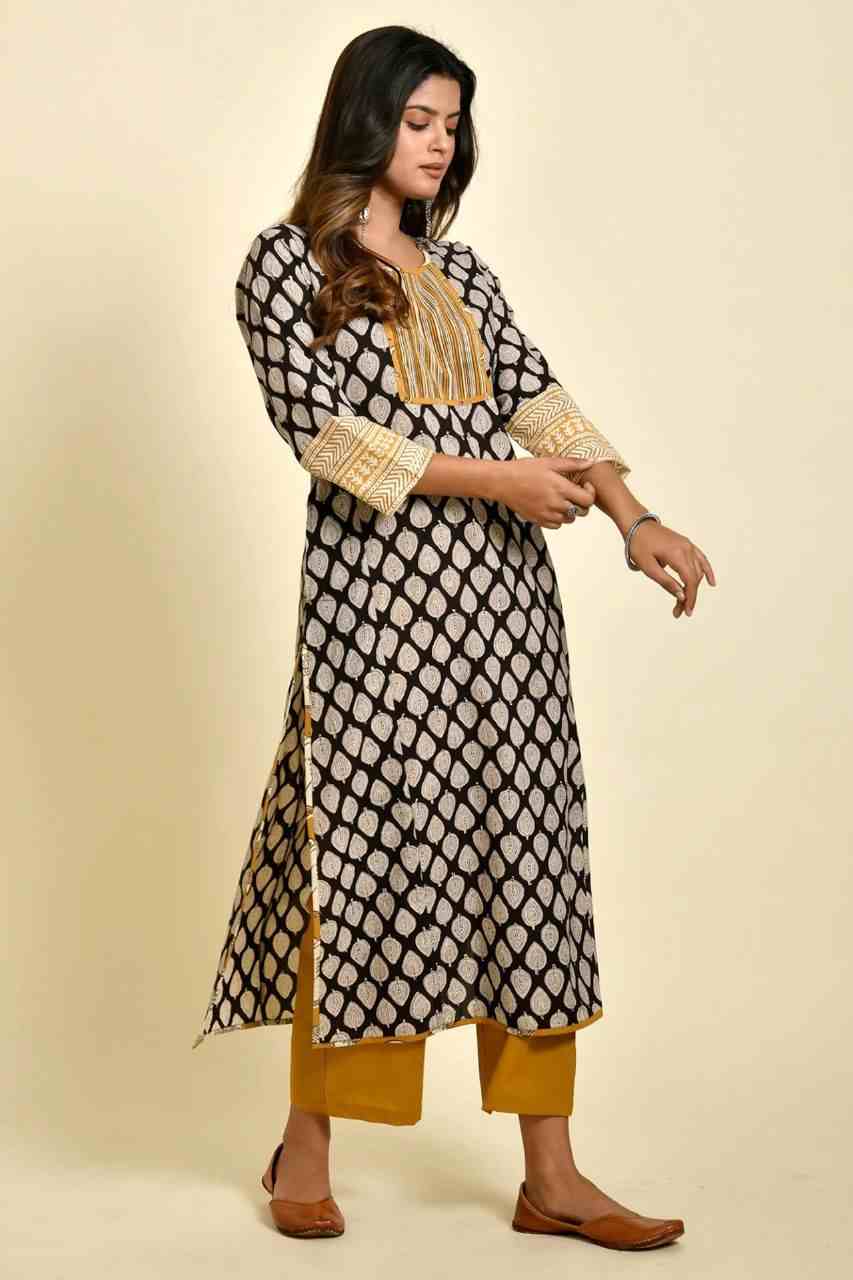 Naksh Black and Yellow Bagru Printed Kurta