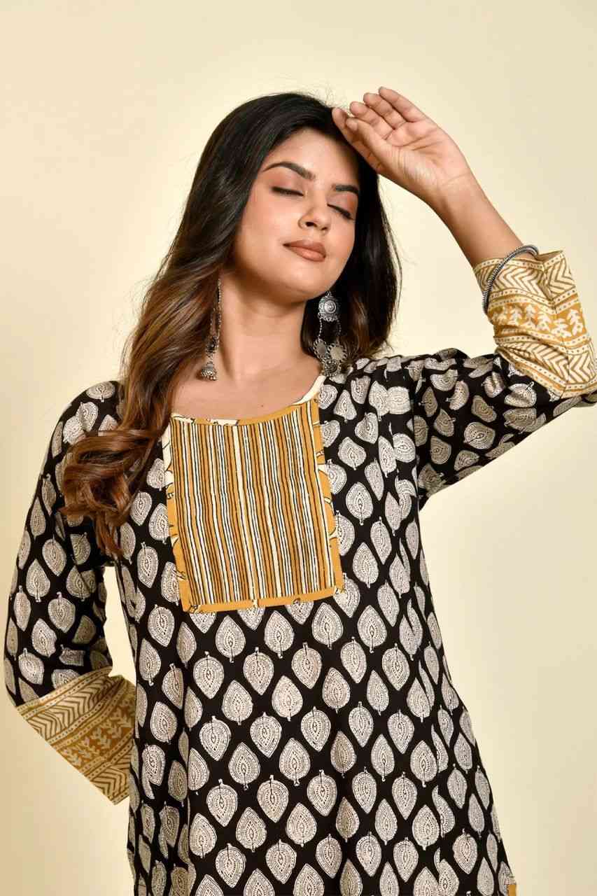 Naksh Black and Yellow Bagru Printed Kurta