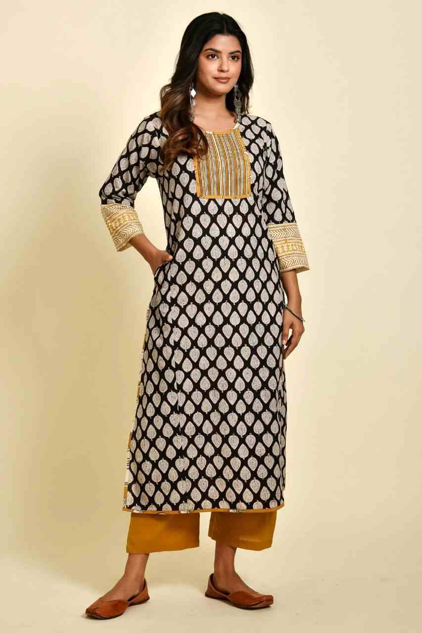 Naksh Black and Yellow Bagru Printed Kurta