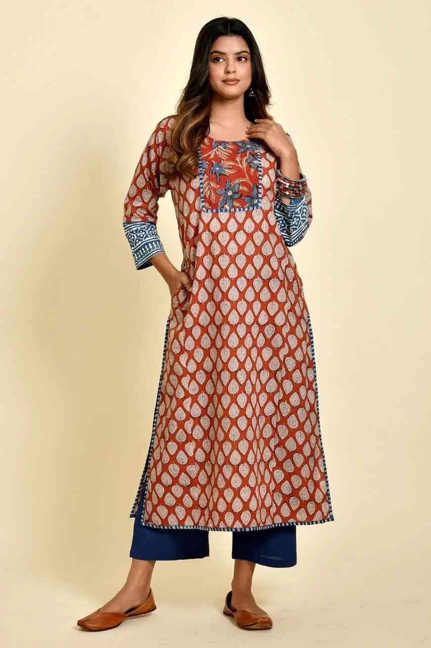 Naksh Rust and Blue Bagru Printed Kurta