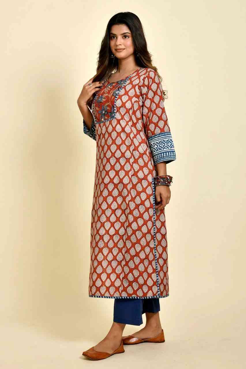Naksh Rust and Blue Bagru Printed Kurta