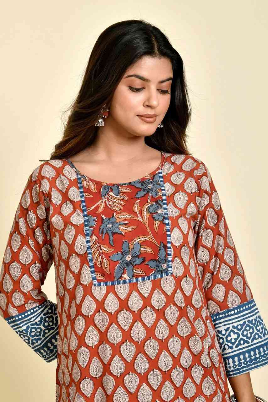 Naksh Rust and Blue Bagru Printed Kurta