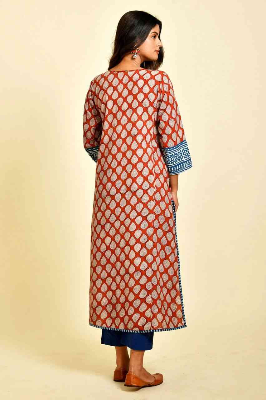 Naksh Rust and Blue Bagru Printed Kurta