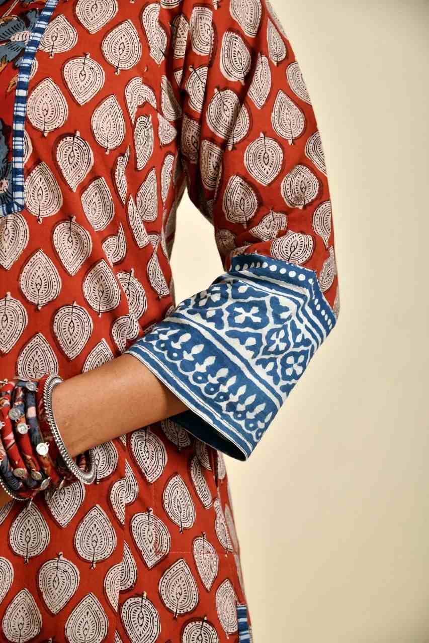 Naksh Rust and Blue Bagru Printed Kurta
