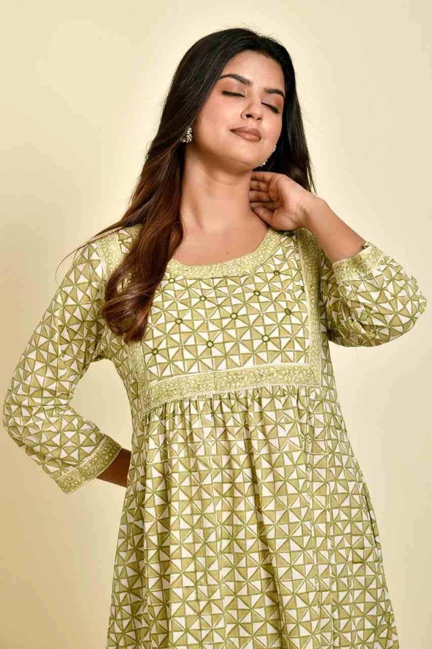 Naksh Beigeish Green Triangle Printed Gathered Kurta With Off-White Pants (Set of 2)