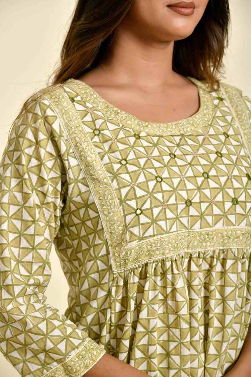 Naksh Beigeish Green Triangle Printed Gathered Kurta With Off-White Pants (Set of 2)