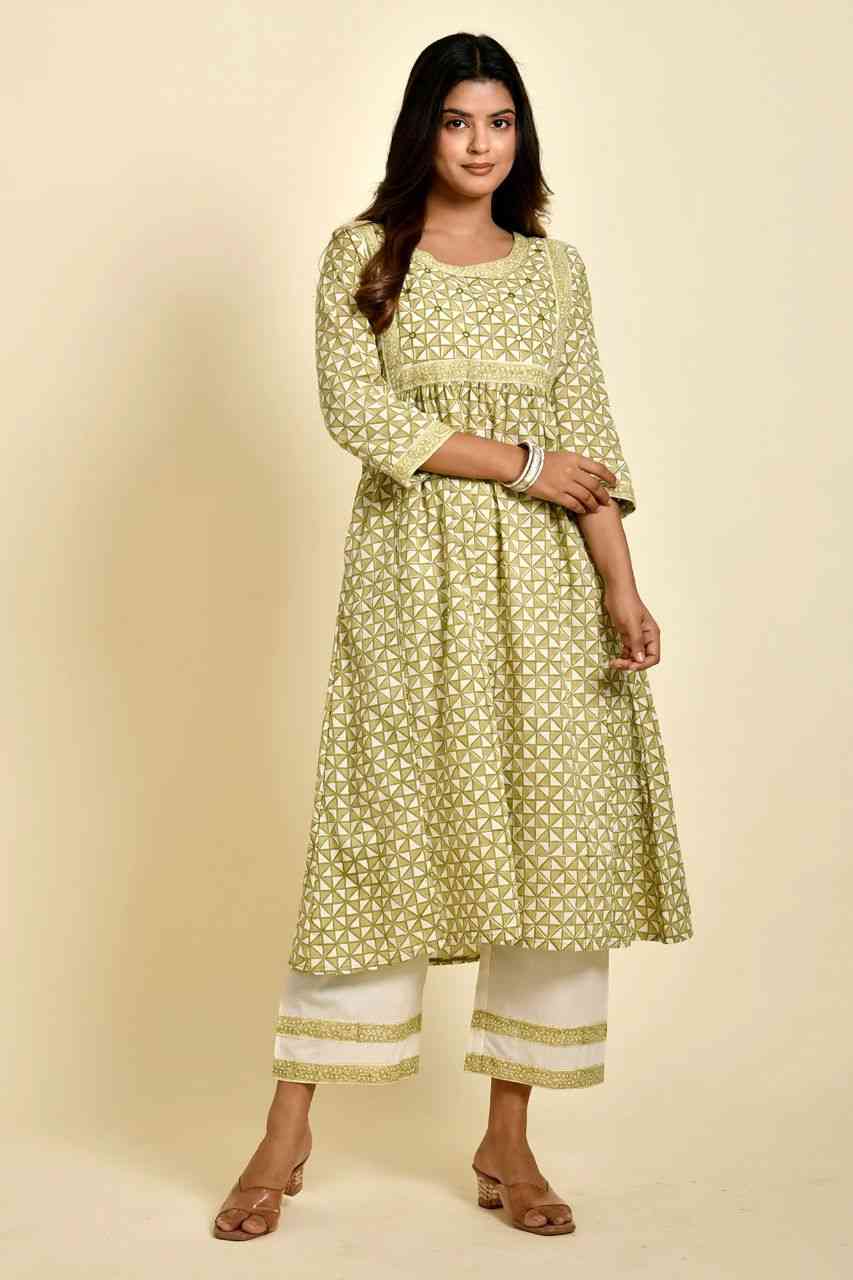 Naksh Beigeish Green Triangle Printed Gathered Kurta With Off-White Pants (Set of 2)