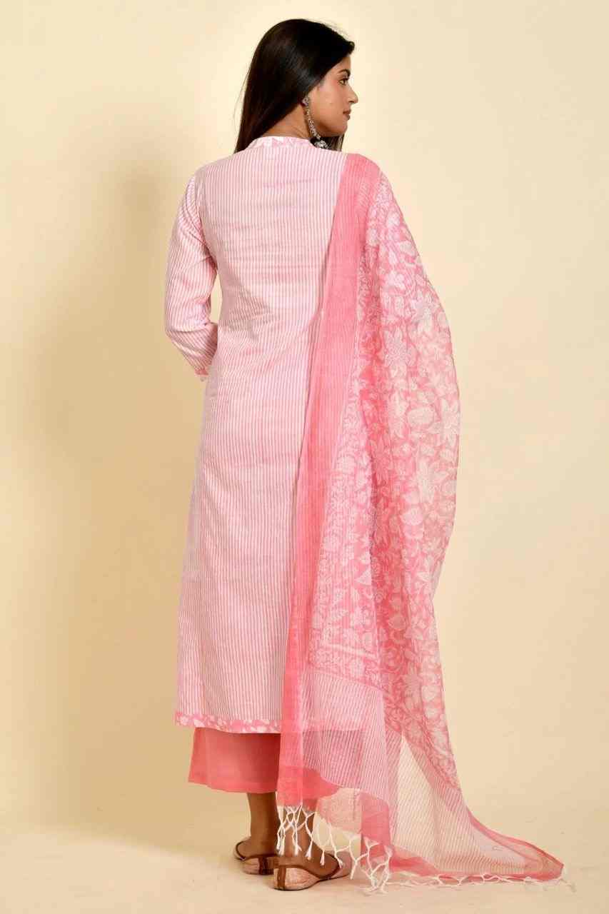 Naksh Pink and White Striped Straight Kurta with Kota Printed Dupatta (Set of 2)