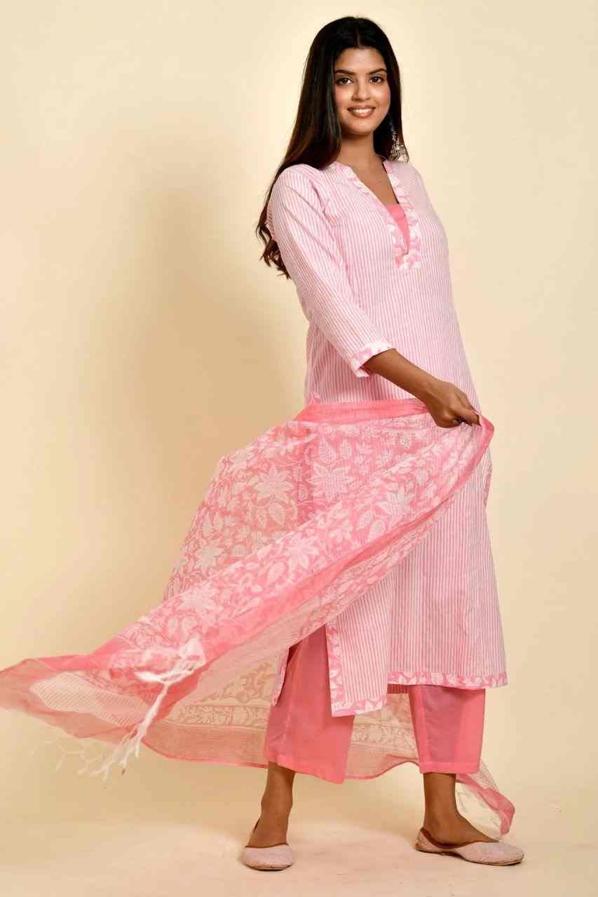 Naksh Pink and White Striped Straight Kurta with Kota Printed Dupatta (Set of 2)