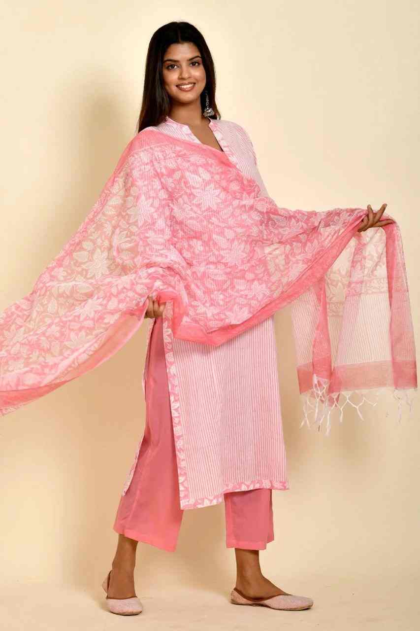 Naksh Pink and White Striped Straight Kurta with Kota Printed Dupatta (Set of 2)