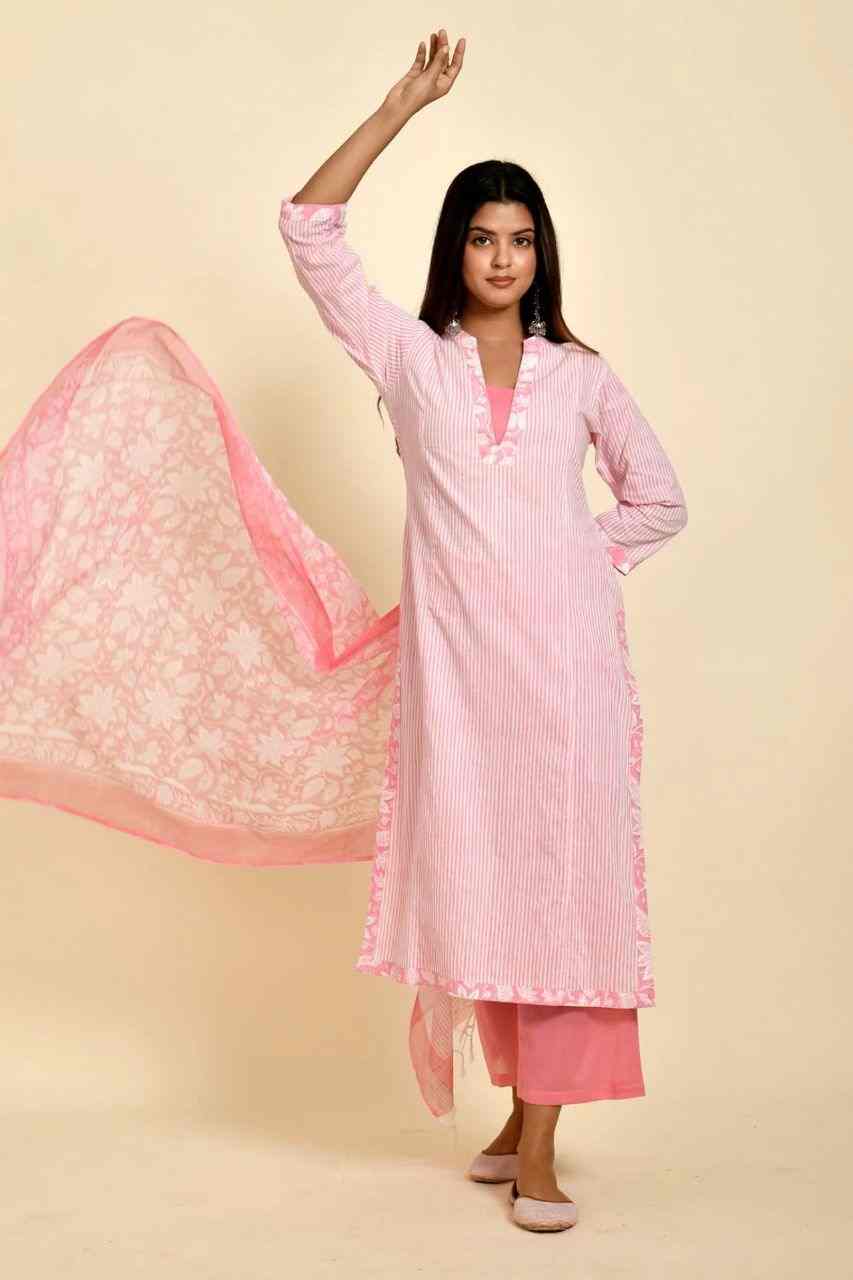 Naksh Pink and White Striped Straight Kurta with Kota Printed Dupatta (Set of 2)