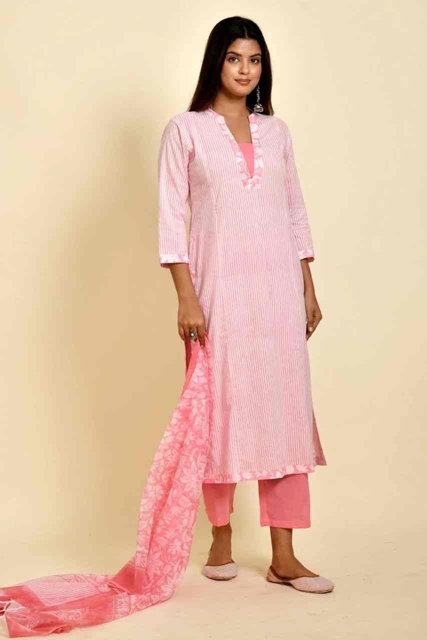 Naksh Pink and White Striped Straight Kurta with Kota Printed Dupatta (Set of 2)