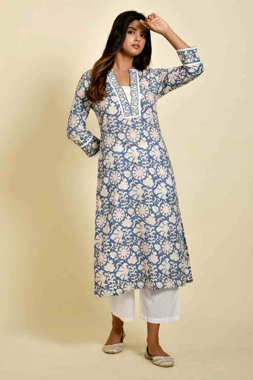 Naksh Blue and White Jaal Printed Cotton Kurta