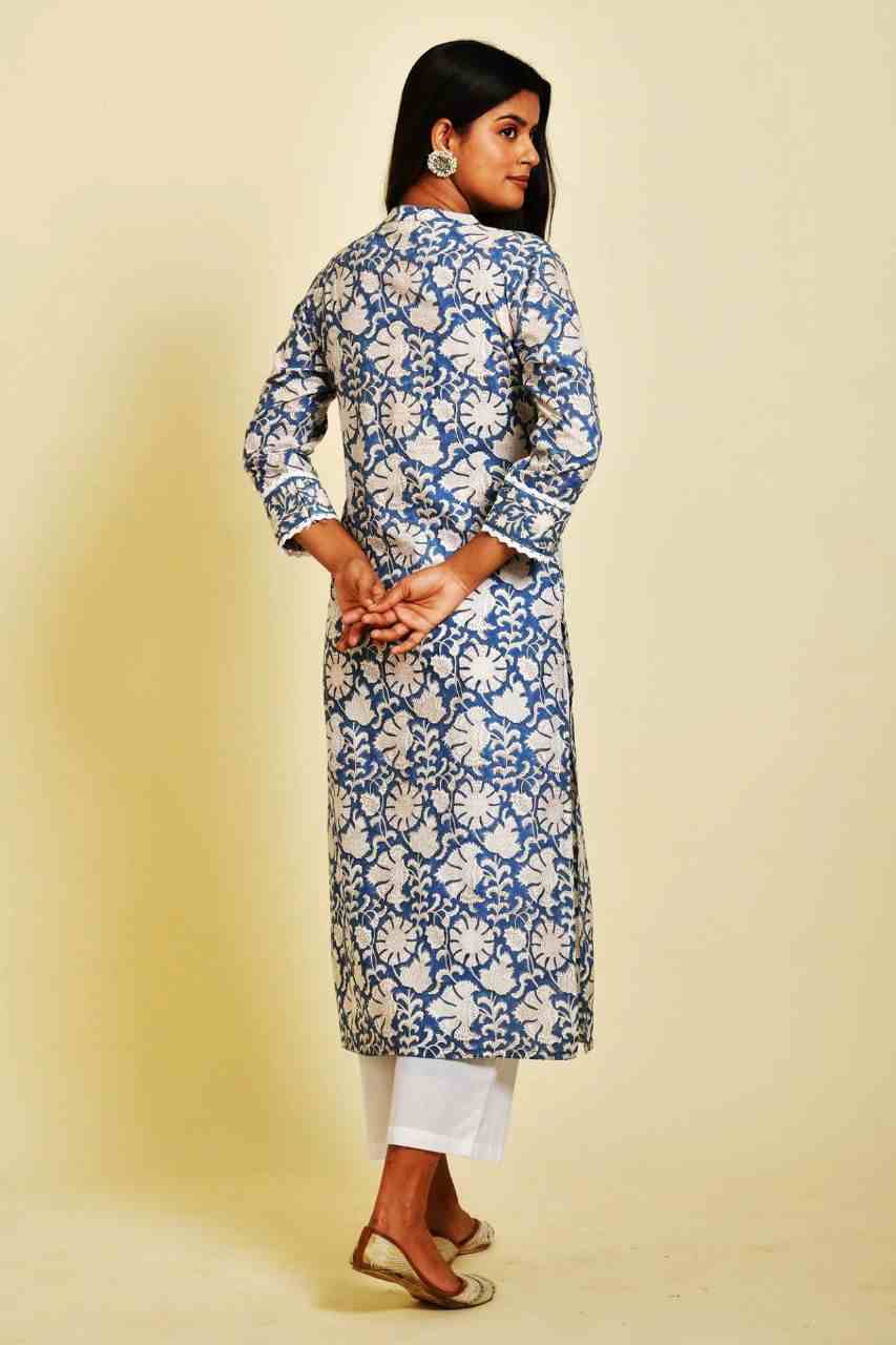 Naksh Blue and White Jaal Printed Cotton Kurta