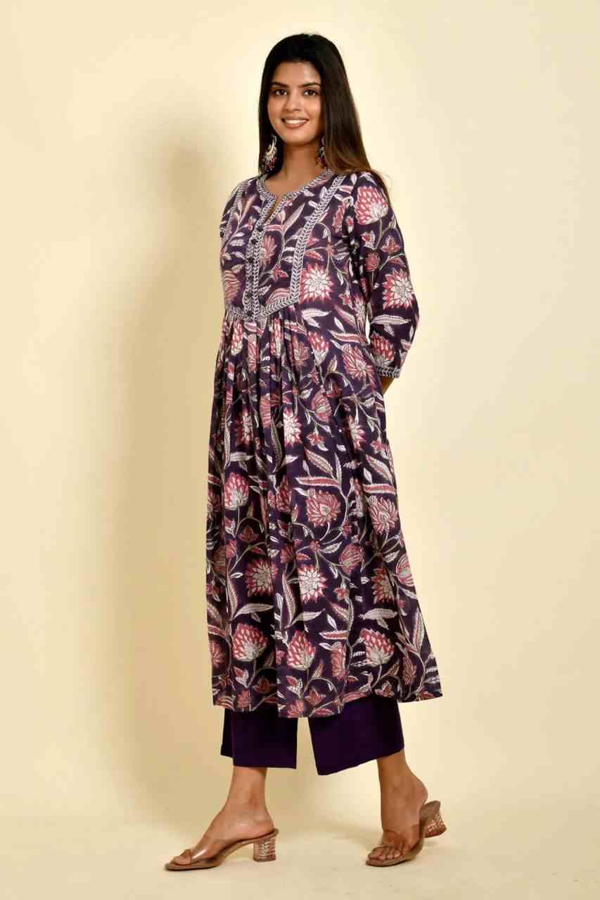Naksh Purple Floral Printed Gathered Mulmul Kurta and Pants (Set of 2)