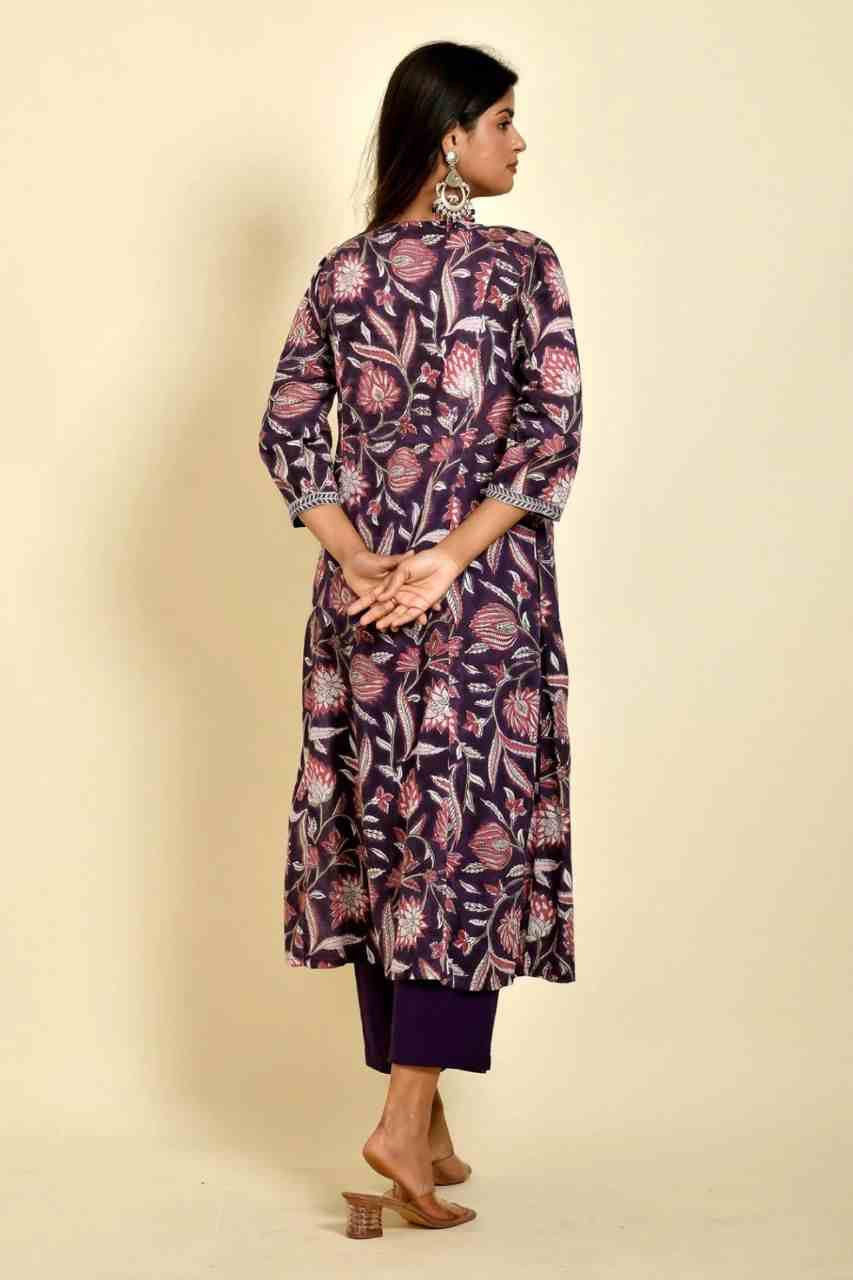 Naksh Purple Floral Printed Gathered Mulmul Kurta and Pants (Set of 2)