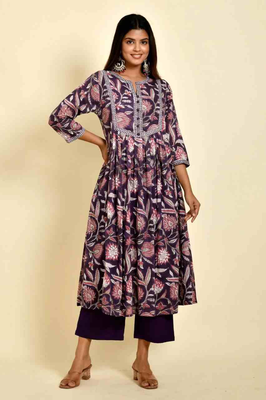 Naksh Purple Floral Printed Gathered Mulmul Kurta and Pants (Set of 2)