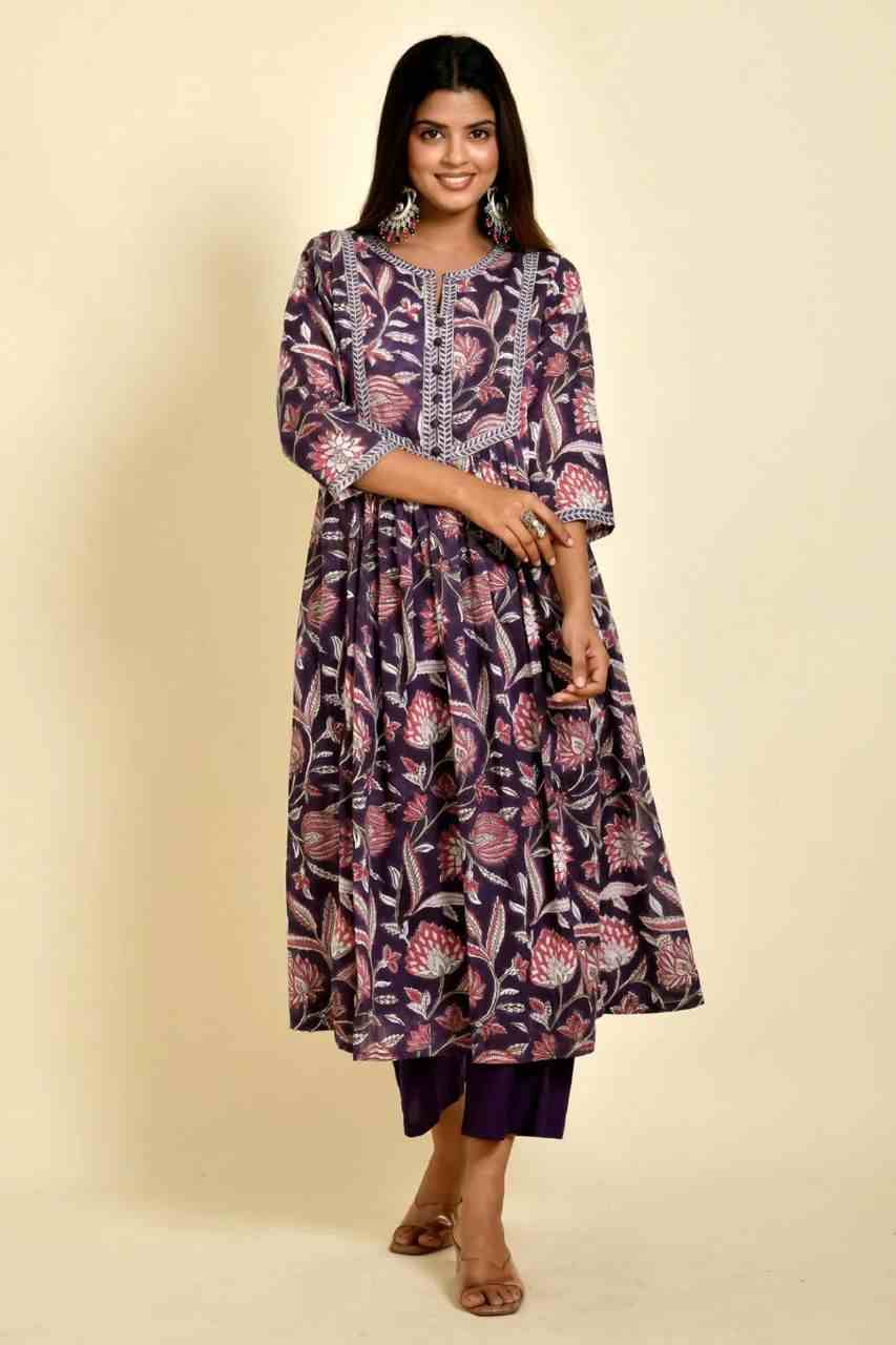 Naksh Purple Floral Printed Gathered Mulmul Kurta and Pants (Set of 2)