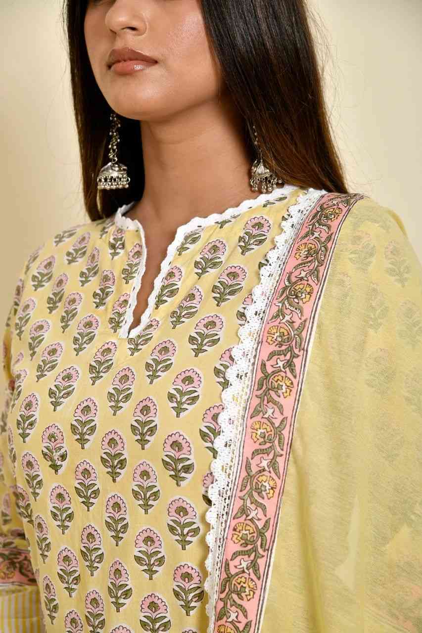 Naksh Yellow Buti Block Printed Kurta Dupatta and Afgani Pants (Set of 3)