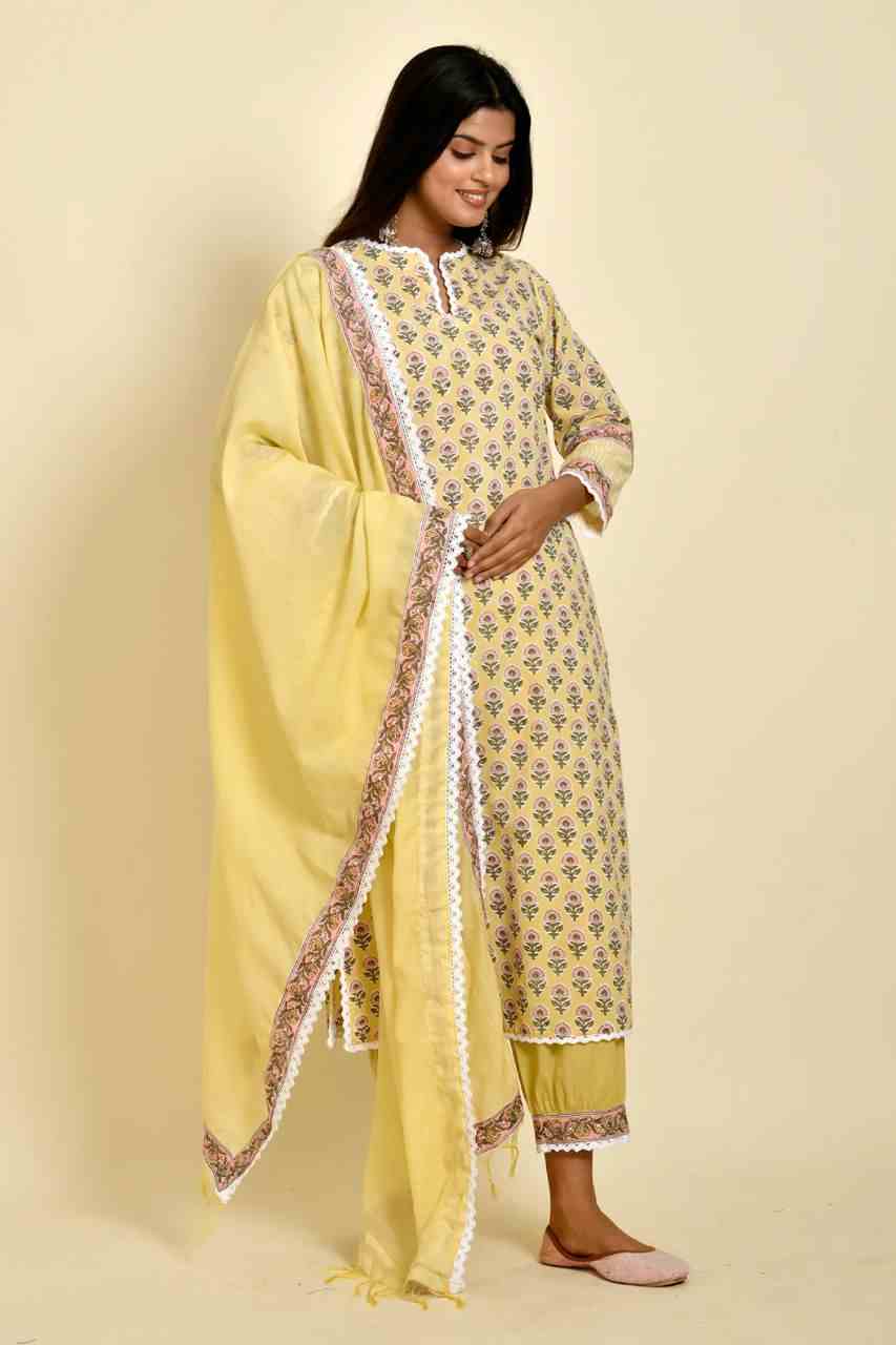 Naksh Yellow Buti Block Printed Kurta Dupatta and Afgani Pants (Set of 3)