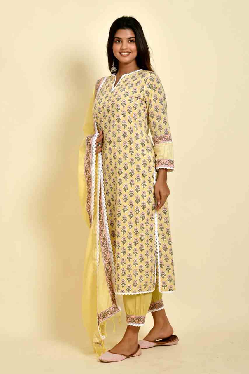 Naksh Yellow Buti Block Printed Kurta Dupatta and Afgani Pants (Set of 3)