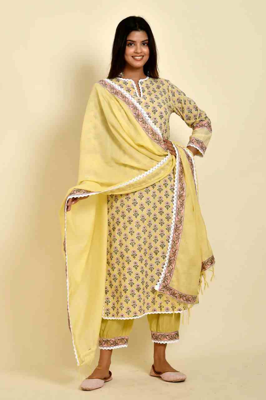 Naksh Yellow Buti Block Printed Kurta Dupatta and Afgani Pants (Set of 3)