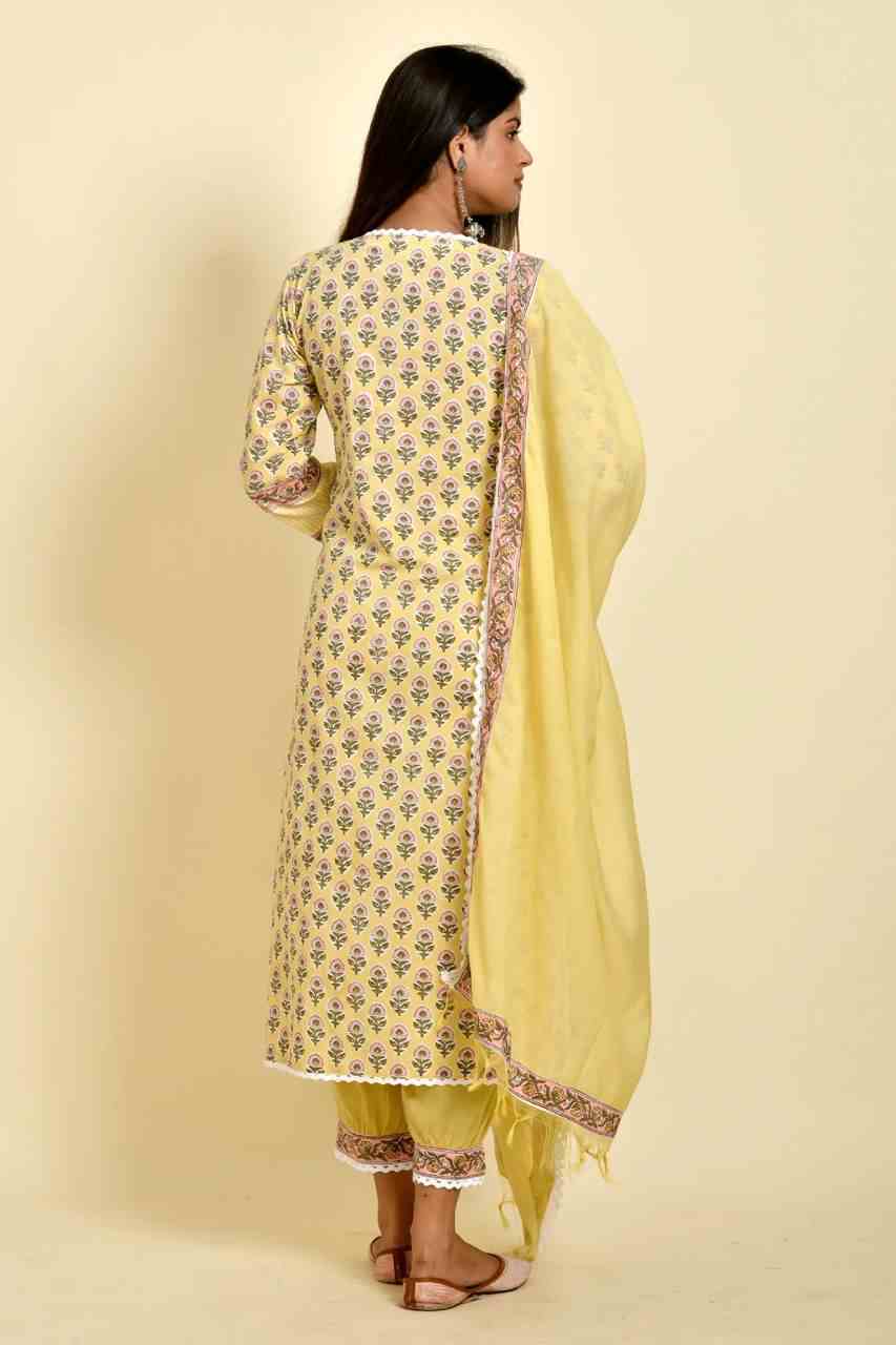 Naksh Yellow Buti Block Printed Kurta Dupatta and Afgani Pants (Set of 3)