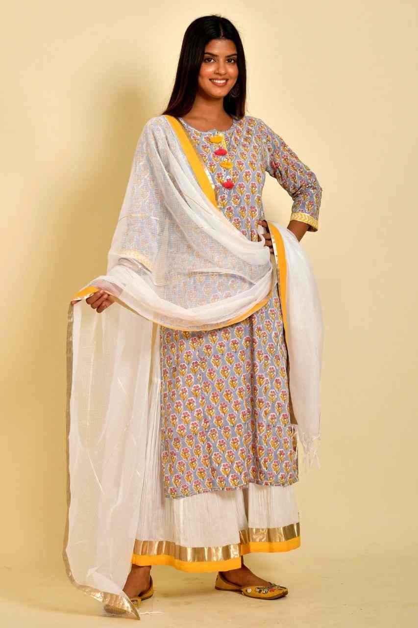 Naksh Grey Floral Butti Block Printed Kurta Sharara Dupatta (Set of 3)