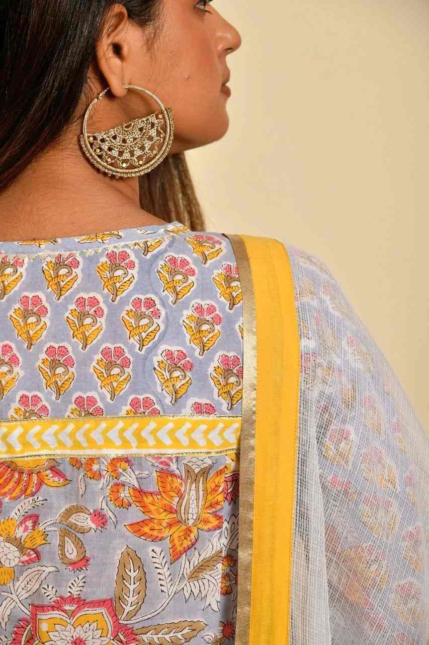 Naksh Grey Floral Butti Block Printed Kurta Sharara Dupatta (Set of 3)