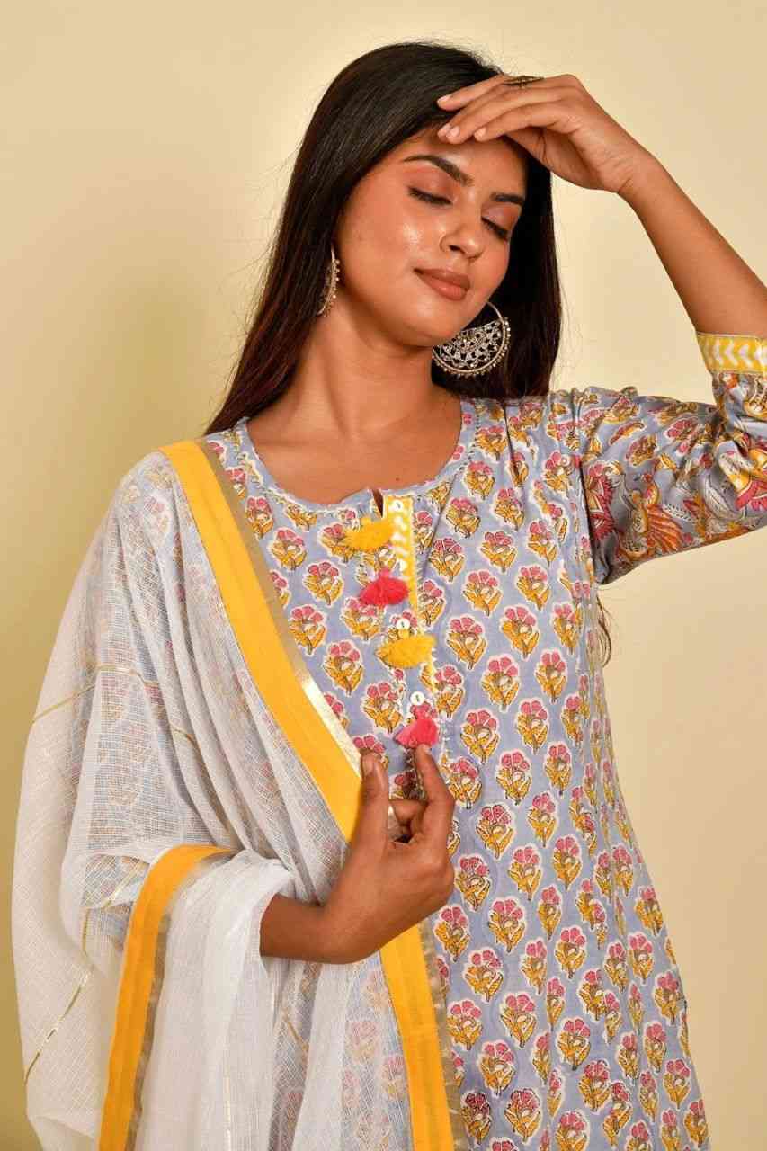 Naksh Grey Floral Butti Block Printed Kurta Sharara Dupatta (Set of 3)