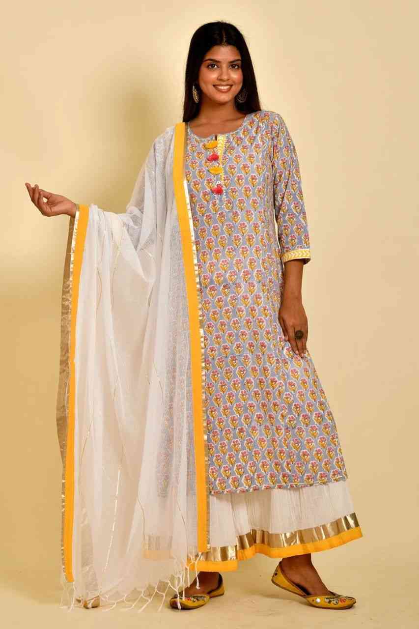 Naksh Grey Floral Butti Block Printed Kurta Sharara Dupatta (Set of 3)