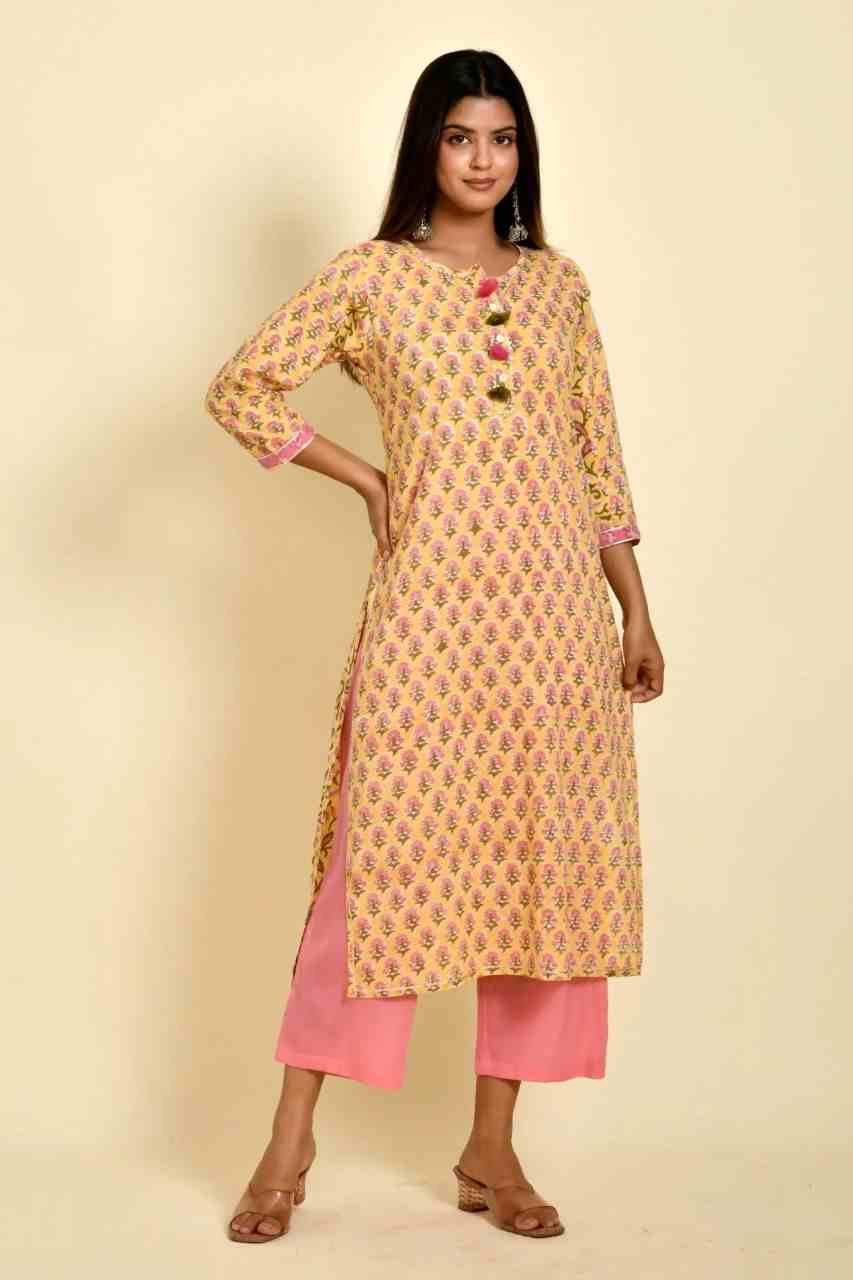 Naksh Yellow Pink Butti And Jaal Printed Straight Kurta