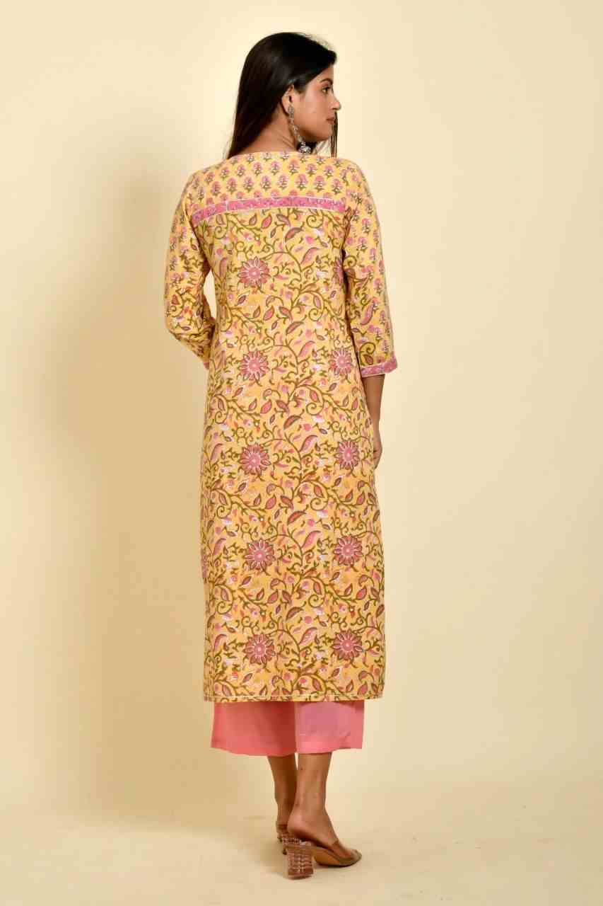 Naksh Yellow Pink Butti And Jaal Printed Straight Kurta