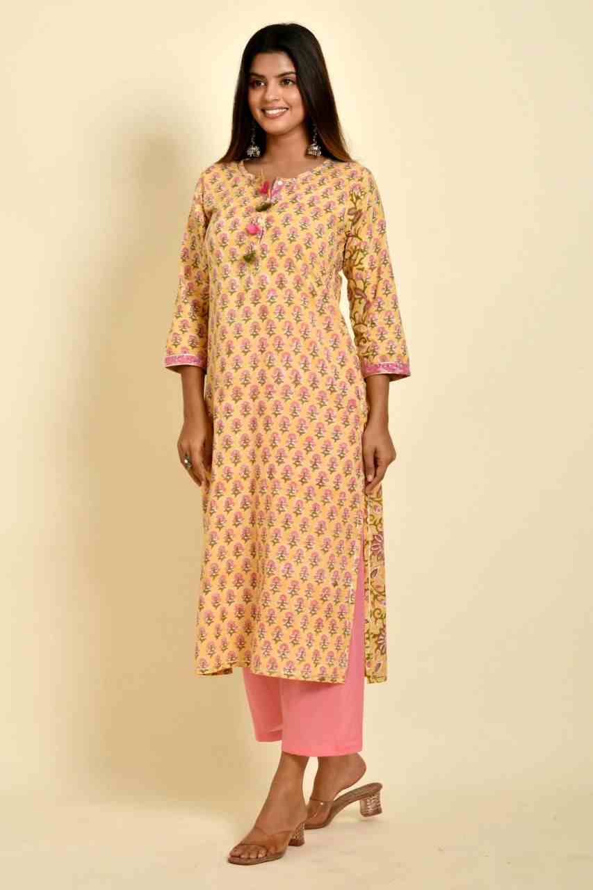 Naksh Yellow Pink Butti And Jaal Printed Straight Kurta